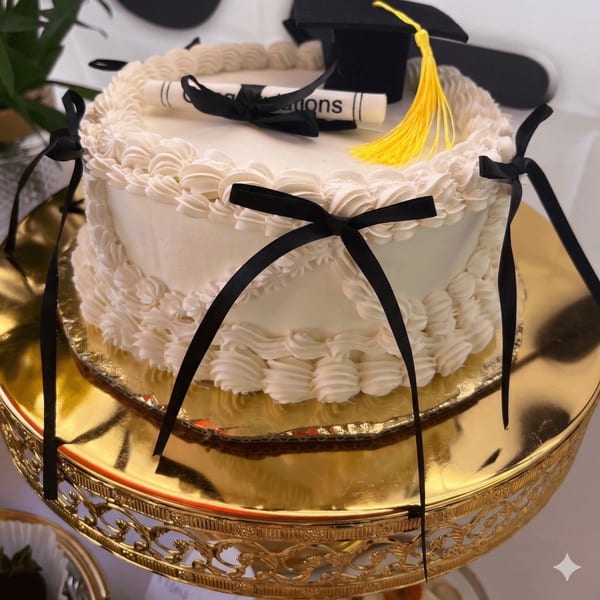 White frosted graduation cake with black ribbons, a diploma, and a graduation cap with yellow tassel.